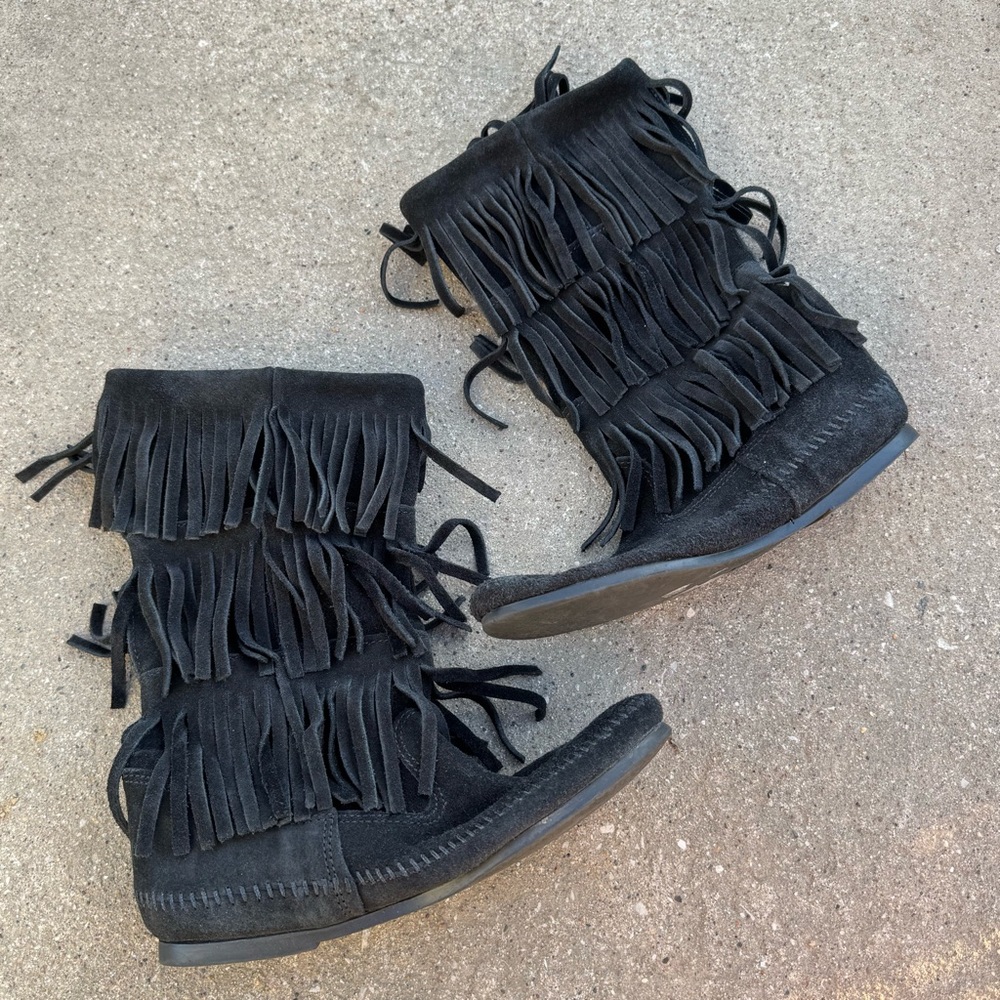 Minnetonka Black Suede Fringe Moccasin Boots